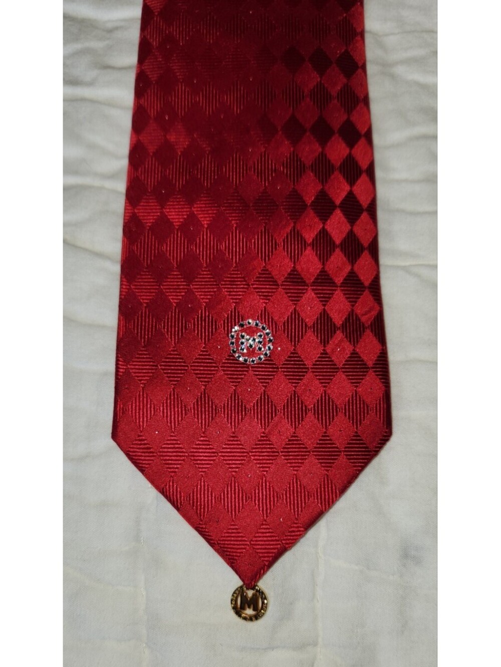 Metrocity Men's Red Necktie Tie 100% Italian.  Charm On The End. Silver Dots